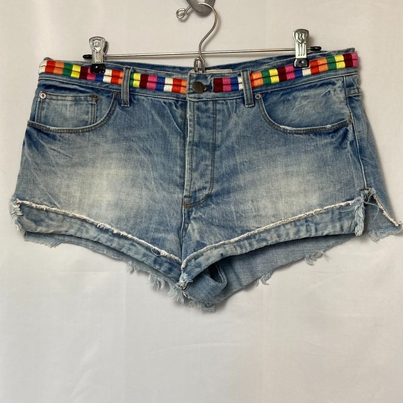 FREE PEOPLE Jean Shorts High Rise Cut Off Multi Colored Waist Detail Shorts - Picture 5 of 7